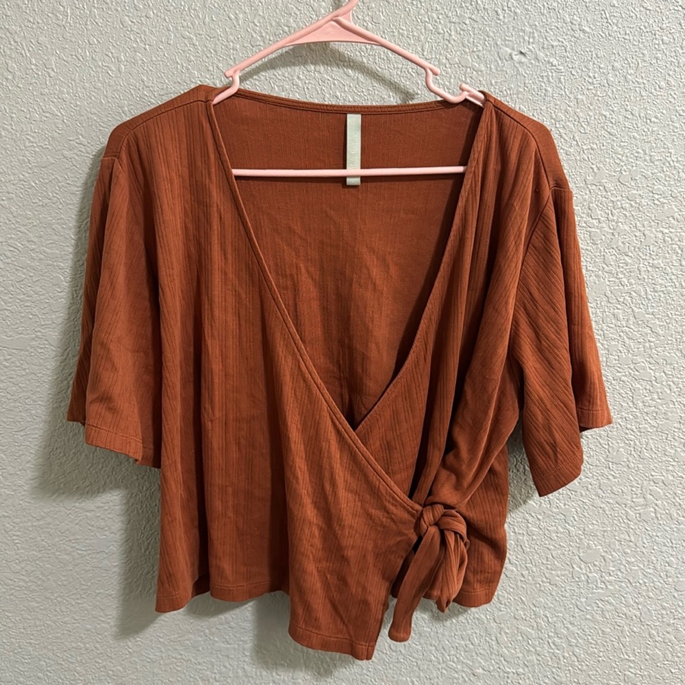 Mata Traders Burnt Orange Faux V-Neck Tie Waist Top Large